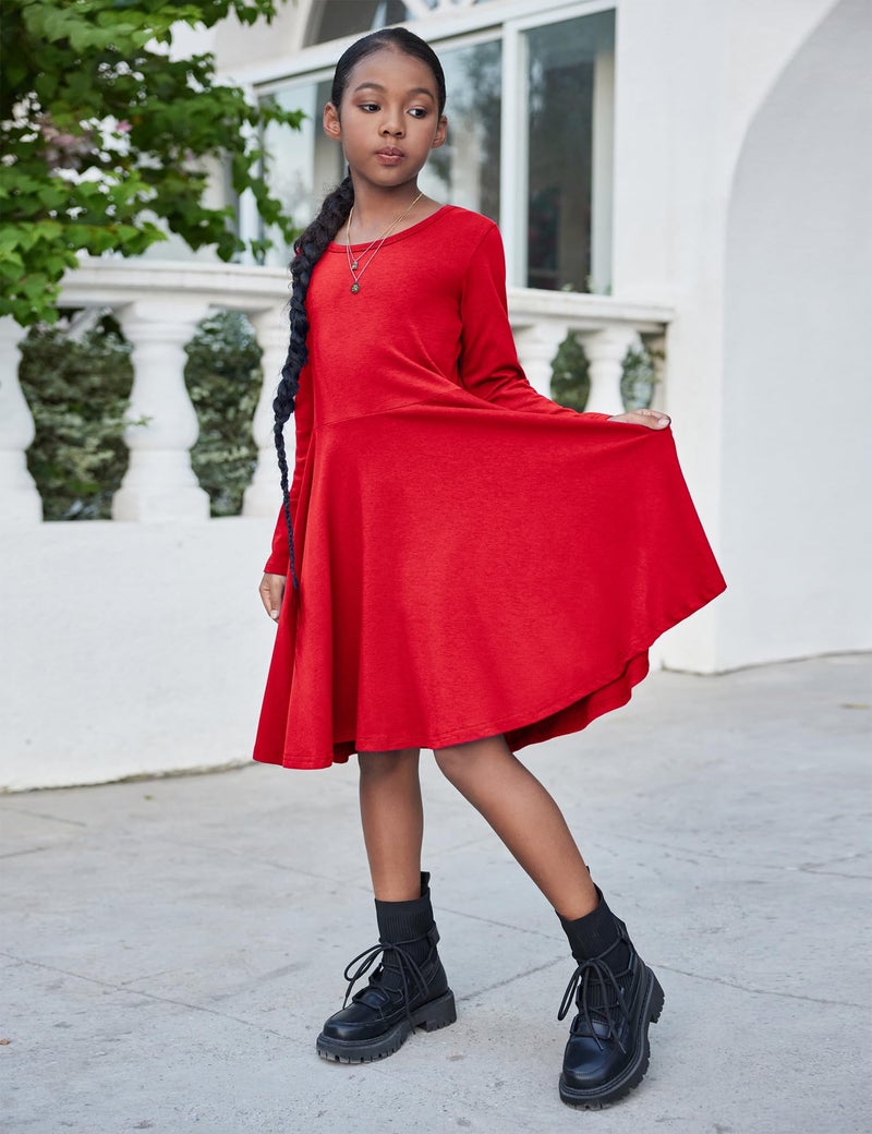 Arshiner Girls' Cotton Long Sleeve Twirly Skater Party Dress, Red, 10 Years - Image 5